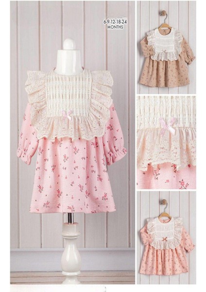 Kız Bebek Dantel Yaka Detaylı Vintage Çiçek Desenli Elbise Mevsimlik Şık Model 3-6-9-12-18-24AY fırsatları