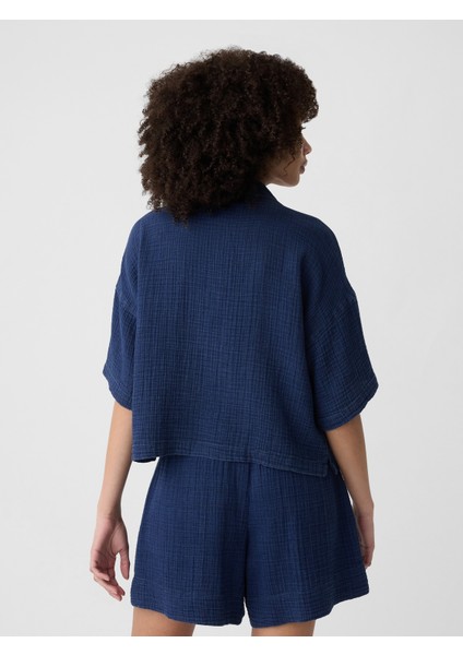 Kadın Koyu Mavi Gauze Crop Bluz