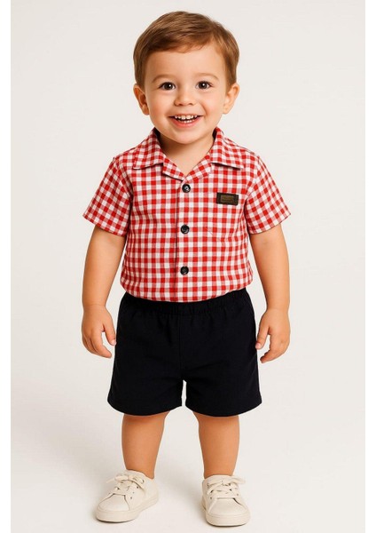 Erkek Çocuk Pitikareli Yazlık Kısa Kollu Gömlek Saten Şortlu 2li Takım Bayramlık Takım (Tam Kalıp)