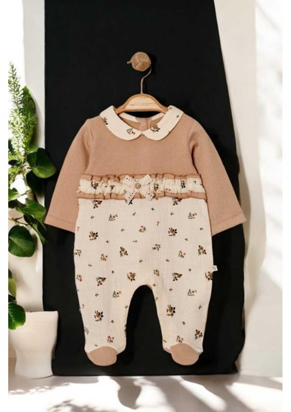 Fırfırlı Fiyonklu Bebe Yaka Patikli Tulum 0-12AY Alttan Çıt Çıtlı