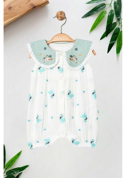 Kız Bebek Ördek Desenli Müslin Bebe Yaka Tulum Yazlık Kolsuz %100 Pamuk 0-3-6-9-12AYLIK