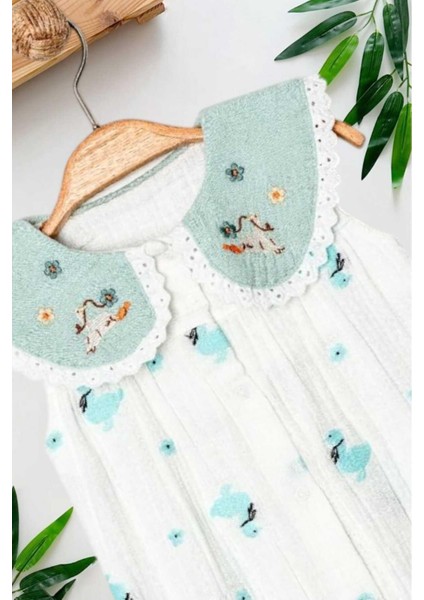 Kız Bebek Ördek Desenli Müslin Bebe Yaka Tulum Yazlık Kolsuz %100 Pamuk 0-3-6-9-12AYLIK fiyatları