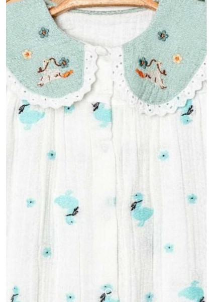 Kız Bebek Ördek Desenli Müslin Bebe Yaka Tulum Yazlık Kolsuz %100 Pamuk 0-3-6-9-12AYLIK modelleri