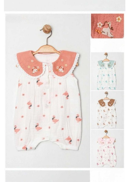 Kız Bebek Ördek Desenli Müslin Bebe Yaka Tulum Yazlık Kolsuz %100 Pamuk 0-3-6-9-12AYLIK fırsatları