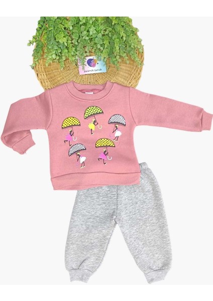 Kız Çocuk Baskılı 3iplik Şardonlu Mevsimlik Alt Üst 2li Uzun Kollu Takım Kışlık