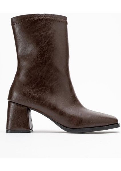 Küt Burunlu Sade Dikişli Fermuarlı Kadın Topuklu Bot KAHVE CİLT fiyatları