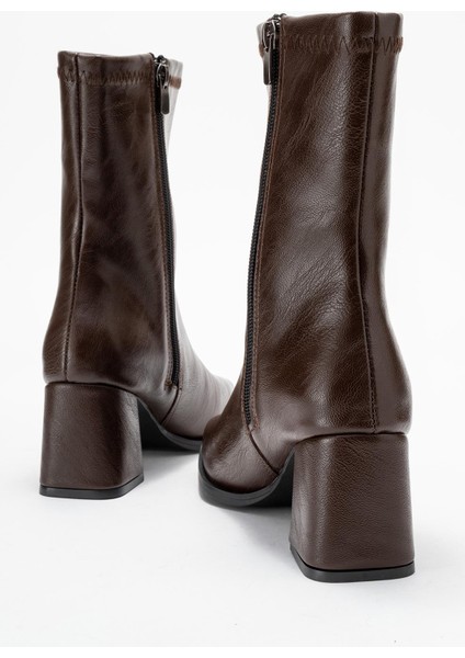 Küt Burunlu Sade Dikişli Fermuarlı Kadın Topuklu Bot KAHVE CİLT fırsatları