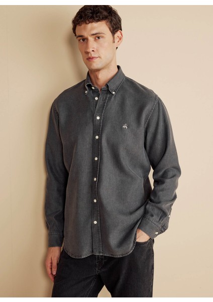 Regular Fit Düğmeli Yaka Antrasit Erkek Gömlek BBFW25MSH015