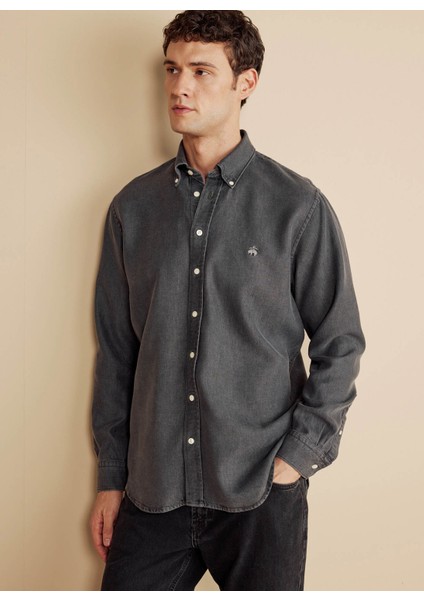 Regular Fit Düğmeli Yaka Antrasit Erkek Gömlek BBFW25MSH015 fiyatları