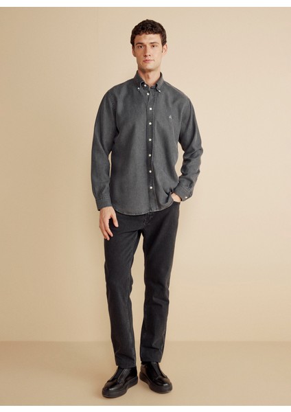 Regular Fit Düğmeli Yaka Antrasit Erkek Gömlek BBFW25MSH015 modelleri