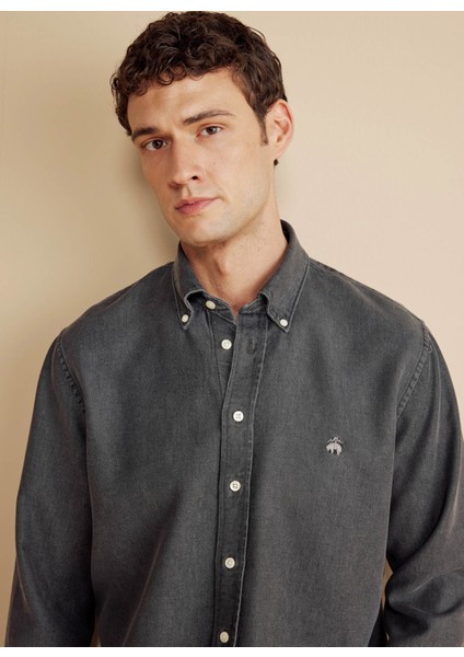 Regular Fit Düğmeli Yaka Antrasit Erkek Gömlek BBFW25MSH015 fırsatları