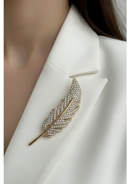 Altın Rengi Taş Detaylı Tüy Broş (7cm)