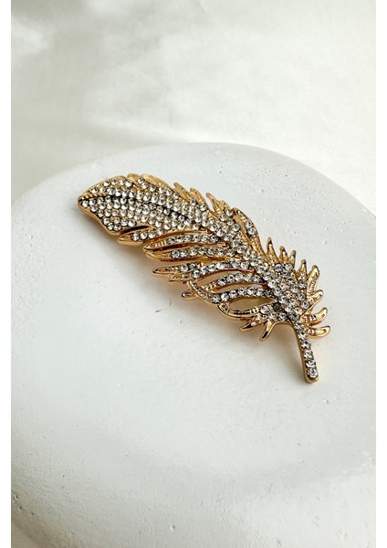 Altın Rengi Taş Detaylı Tüy Broş (7cm) fiyatları