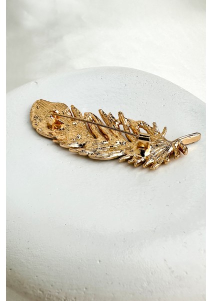 Altın Rengi Taş Detaylı Tüy Broş (7cm) modelleri