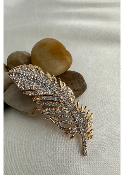 Altın Rengi Taş Detaylı Tüy Broş (7cm) fırsatları