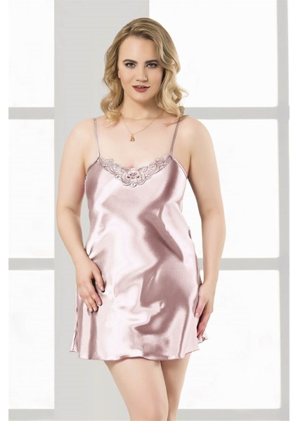 Büyük Beden Somon Kısa Saten Gecelik