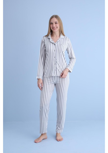 Kadın Milan Genç Önden Düğmeli Pijama Takımı | Gri 50905-1231