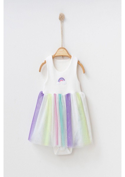 Gökkuşağı Desenli Tüllü Elbise Üstü Fitilli Kolsuz Yazlık Alttan Çıtçıtlı Bodyli Kız Çocuk