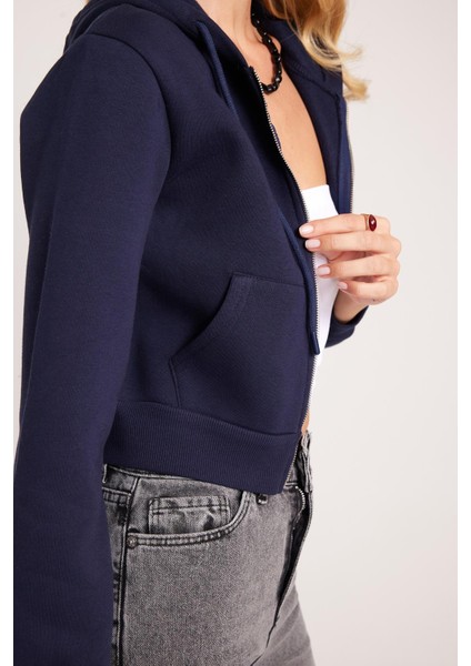Kadın Slim Fit Dar Kesim Pamuklu Çift Çepli Kapüşonlu Fermuarlı Lacivert Hırka modelleri