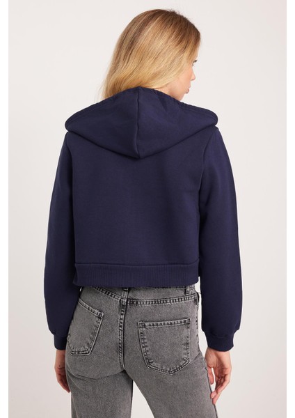 Kadın Slim Fit Dar Kesim Pamuklu Çift Çepli Kapüşonlu Fermuarlı Lacivert Hırka