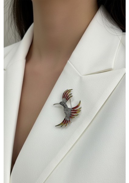 Renkli Taş Detaylı Zarif Anka Kuşu Broş (7cm)