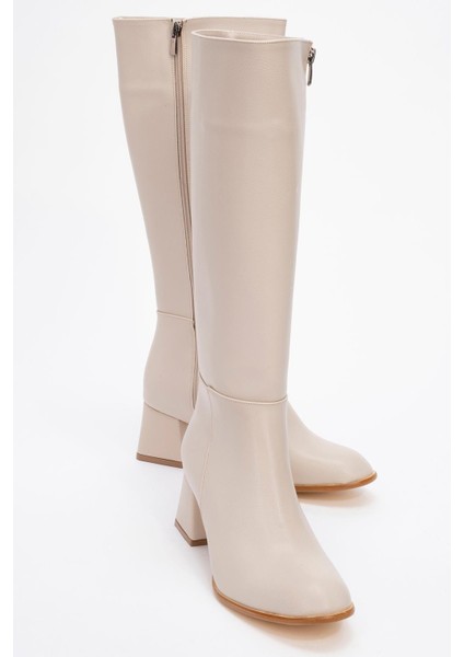 Ökçeli Kadın Çizme Bej Cilt