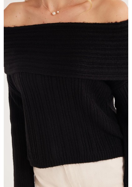 Kadın Regular Fit Klasik Kesim Uzun Kollu Omzu Açık Siyah Kazak modelleri