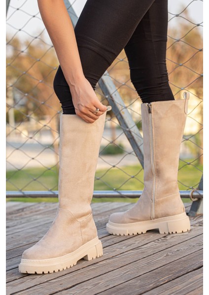 Fermuarlı Kadın Düz Çizme Ten Süet fiyatları