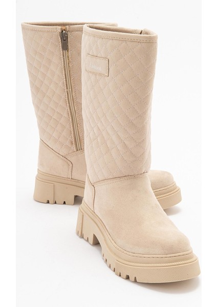 Kaydırmaz Kapitoneli Kadın Çizme Krem Süet