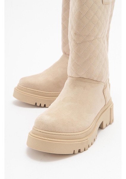 Kaydırmaz Kapitoneli Kadın Çizme Krem Süet modelleri
