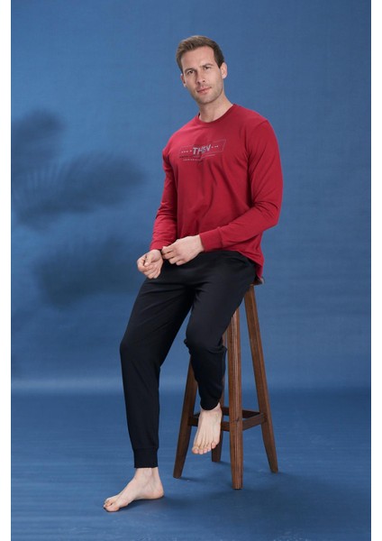 Erkek Penye Süprem Bisiklet Yaka Pijama Takım | Bordo 2137