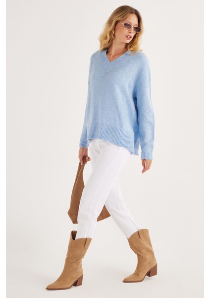 Kadın Slim Fit Dar Kesim V Yaka mavi Kazak indirimleri