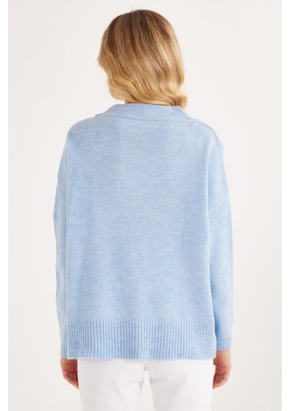 Kadın Slim Fit Dar Kesim V Yaka mavi Kazak