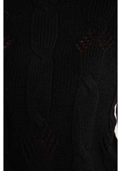 Kadın Regular Fit Klasik Kesim Yarım Balıkçı Yaka Örgü Desenli Siyah Kazak