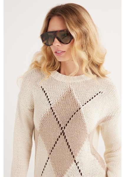 Kadın Regular Fit Klasik Kesim Bisiklet Yaka Bej Kazak