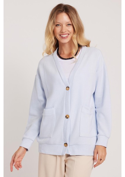 Kadın Relax Fit Rahat Kesim Örme Kumaş Çift Cepli V Yaka Mavi Hırka fırsatları