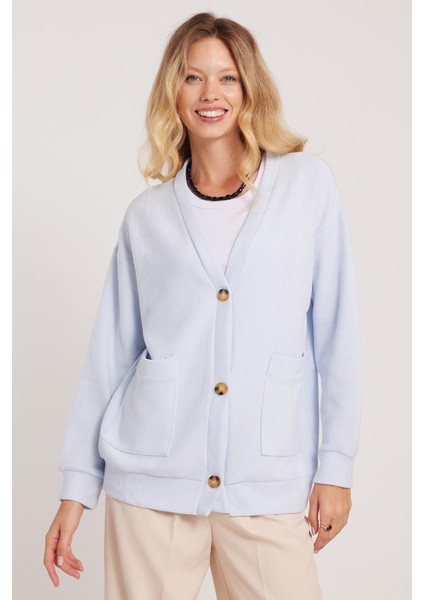 Kadın Relax Fit Rahat Kesim Örme Kumaş Çift Cepli V Yaka Mavi Hırka indirimleri