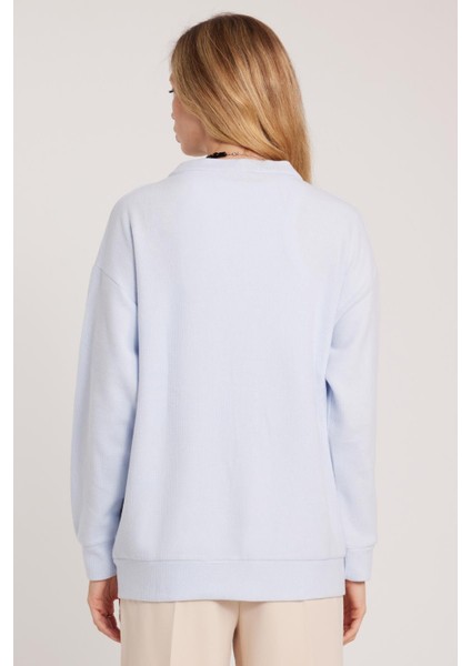 Kadın Relax Fit Rahat Kesim Örme Kumaş Çift Cepli V Yaka Mavi Hırka