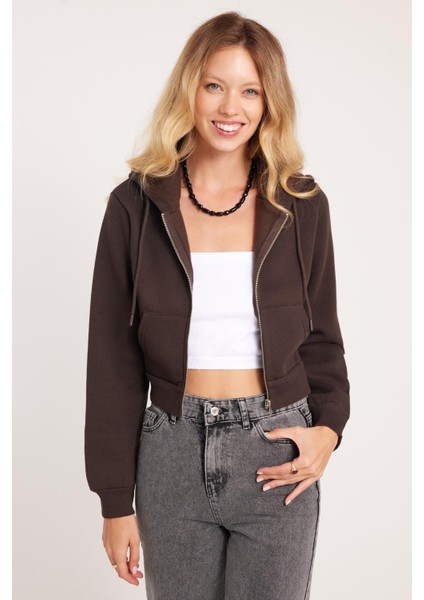 Kadın Slim Fit Dar Kesim Pamuklu Çift Cepli Kapüşonlu Fermuarlı Kahverengi Hırka fiyatları
