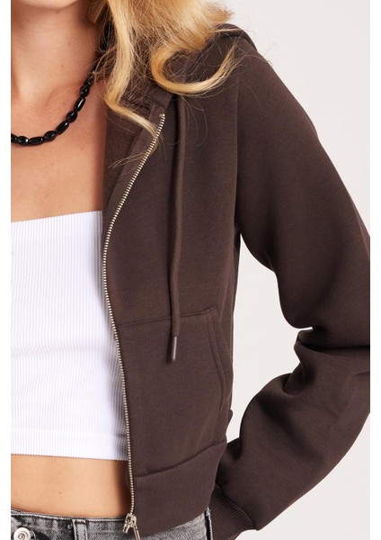Kadın Slim Fit Dar Kesim Pamuklu Çift Cepli Kapüşonlu Fermuarlı Kahverengi Hırka modelleri