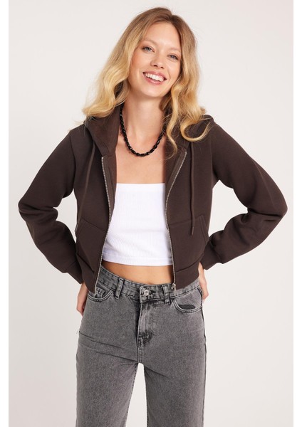 Kadın Slim Fit Dar Kesim Pamuklu Çift Cepli Kapüşonlu Fermuarlı Kahverengi Hırka fırsatları