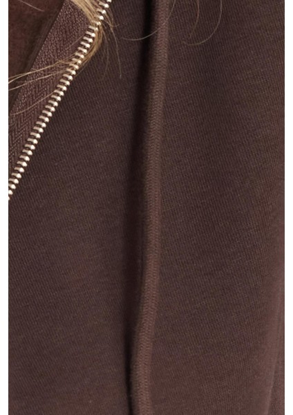 Kadın Slim Fit Dar Kesim Pamuklu Çift Cepli Kapüşonlu Fermuarlı Kahverengi Hırka indirimleri
