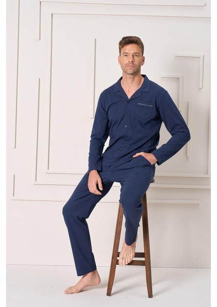 Erkek Penye Süprem Önden Düğmeli Pijama Takımı | Lacivert 2157