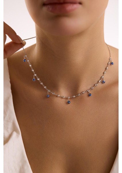 925 Ayar Gümüş Rodyum Kaplama Mavi Nazar Boncuklu Zirkon Taşlı Kolye Kadınlar İçin