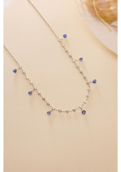 925 Ayar Gümüş Rodyum Kaplama Mavi Nazar Boncuklu Zirkon Taşlı Kolye Kadınlar İçin fiyatları