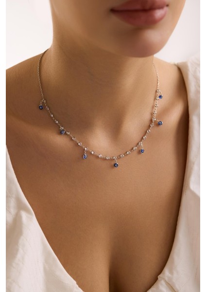 925 Ayar Gümüş Rodyum Kaplama Mavi Nazar Boncuklu Zirkon Taşlı Kolye Kadınlar İçin modelleri