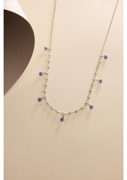 925 Ayar Gümüş Rodyum Kaplama Mavi Nazar Boncuklu Zirkon Taşlı Kolye Kadınlar İçin fırsatları