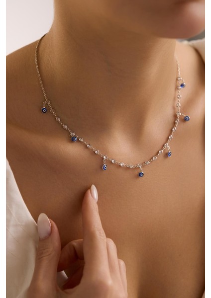 925 Ayar Gümüş Rodyum Kaplama Mavi Nazar Boncuklu Zirkon Taşlı Kolye Kadınlar İçin indirimleri