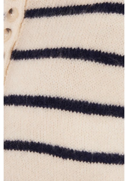 Kadın Regular Fit Klasik Kesim Düğmeli Yaka lacivert Çizgili Kazak