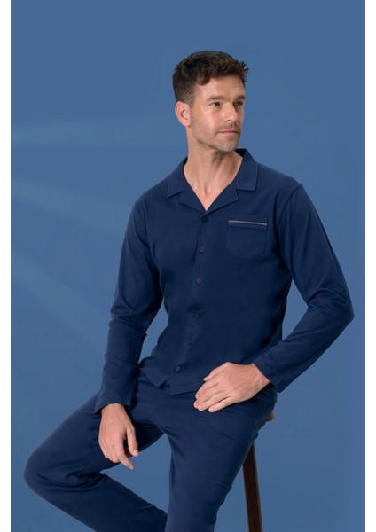 Erkek Penye Süprem Önden Düğmeli Pijama Takımı | Lacivert 2157 fiyatları